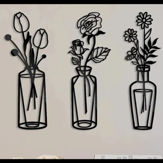 Decorative wall stickers of glass vases with flowers on a beige background