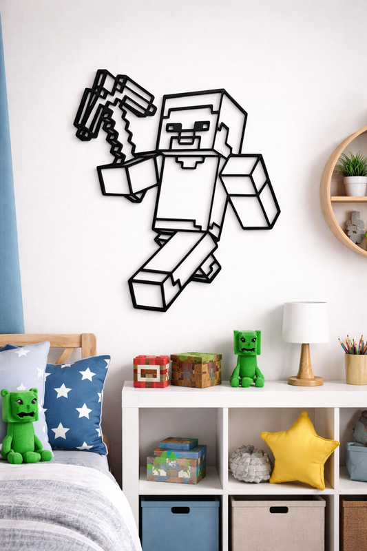 Wall decal of a block-style character in a child's room with toys and decor.