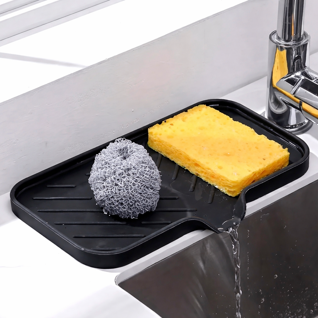 Black tray with sponge, scrubber, and soap dispenser on a kitchen sink.