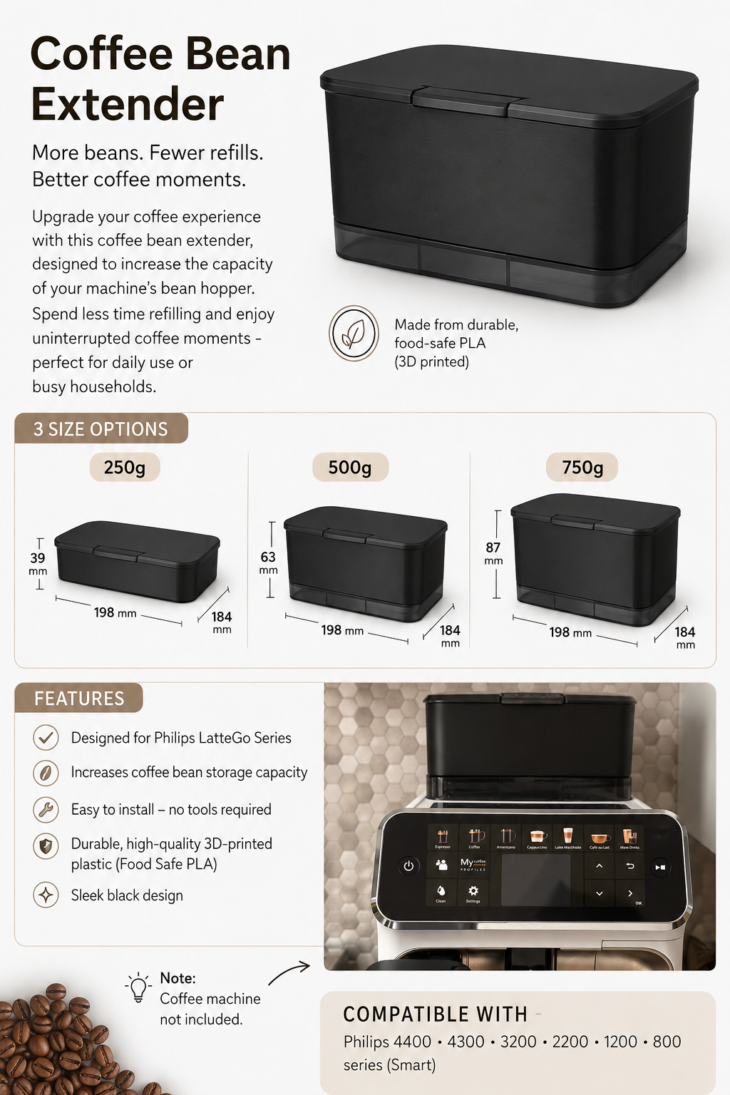 Coffee Bean Extender product description with dimensions and compatibility details.