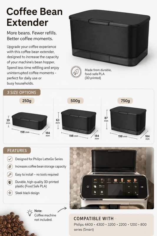 Coffee Bean Extender product description with dimensions and compatibility details.