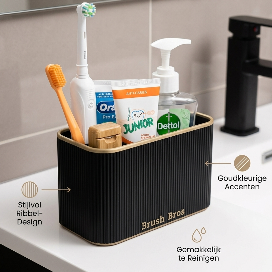 Black bathroom caddy with toothbrush, toothpaste, and soap on a sink counter.