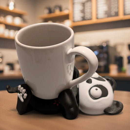 White mug on a panda-shaped stand with a blurred coffee shop background