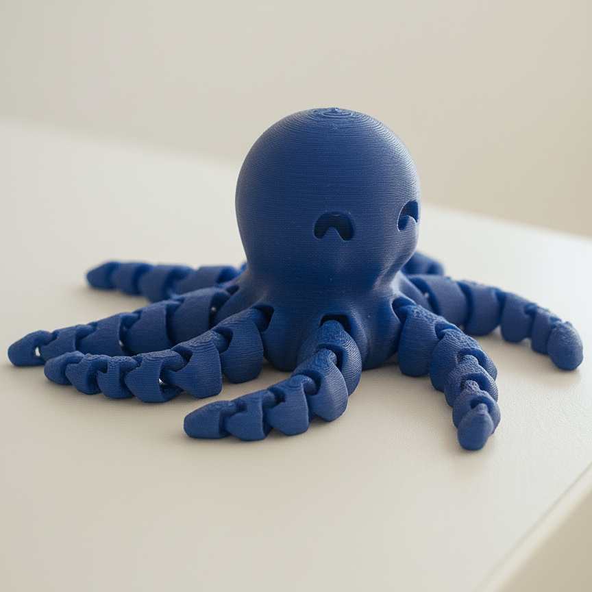 Blue octopus-shaped object on a white surface
